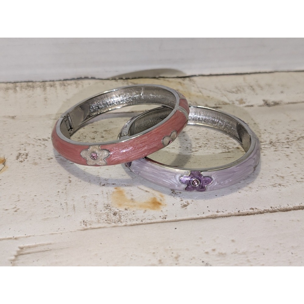 A Pair Of Enamel Vintage Hinged Bracelets Pink And Purple